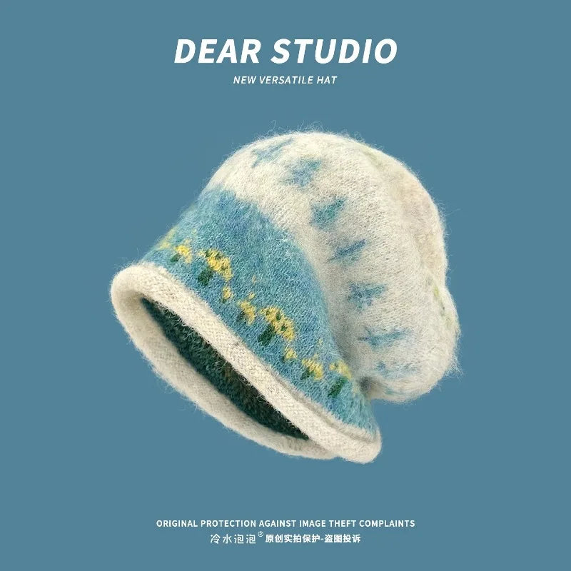 Korean Cute Mushroom Jacquard Knitted Beanies for Women Autumn Winter Warm Versatile Show Face Small Atmosphere Pullover Hat
