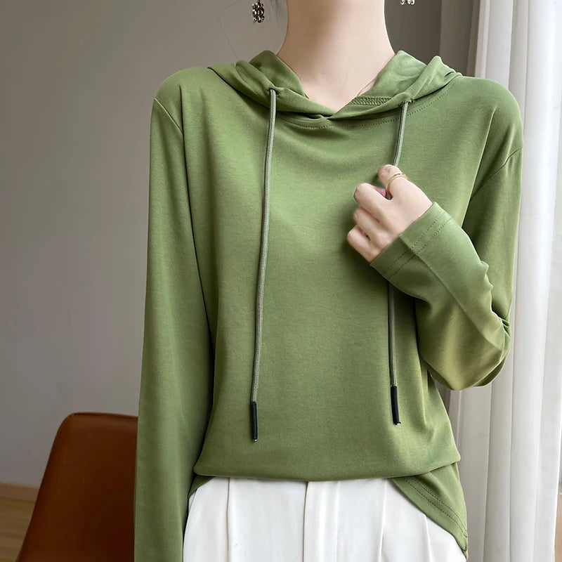 Spring Summer 100% Mercerized Cotton Hoodie Women Loose Straight Tops Simple Casual sweatshirt For Minimalist 2025