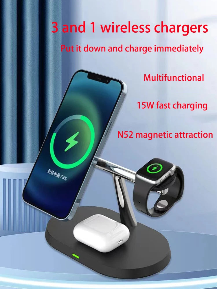 2025 3 in 1 30w Qi2 Wireless Charger Stand Fast Charging for iPhone 17 16 15 14 13 12 iWatch Airpods Wireless Charging Station