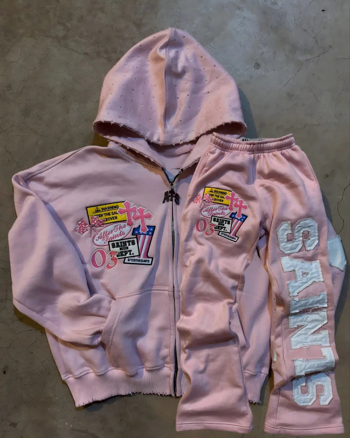 American Vintage Pink Hooded Zip Up Sweatshirt Set Side Letter Print Streetwear Hip Hop Fashion Casual Set Women's Streetwear