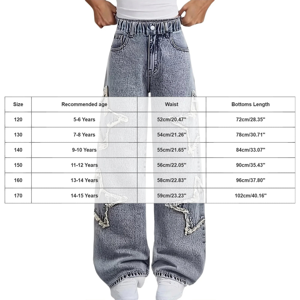 Fashion Teenager Girls Denim Pants Boys Star Raw Edge Patchwork