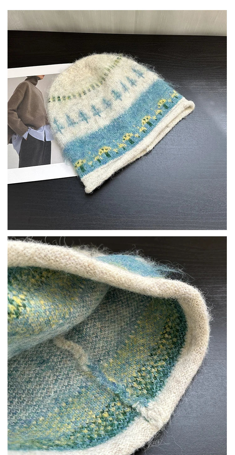 Korean Cute Mushroom Jacquard Knitted Beanies for Women Autumn Winter Warm Versatile Show Face Small Atmosphere Pullover Hat