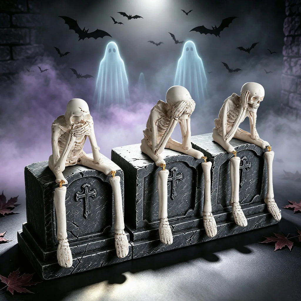 Halloween Skeleton Resin Statue See Speak Hear No Evil Skull Realistic Home Party Decoration Spooky Holiday Gift Ornament