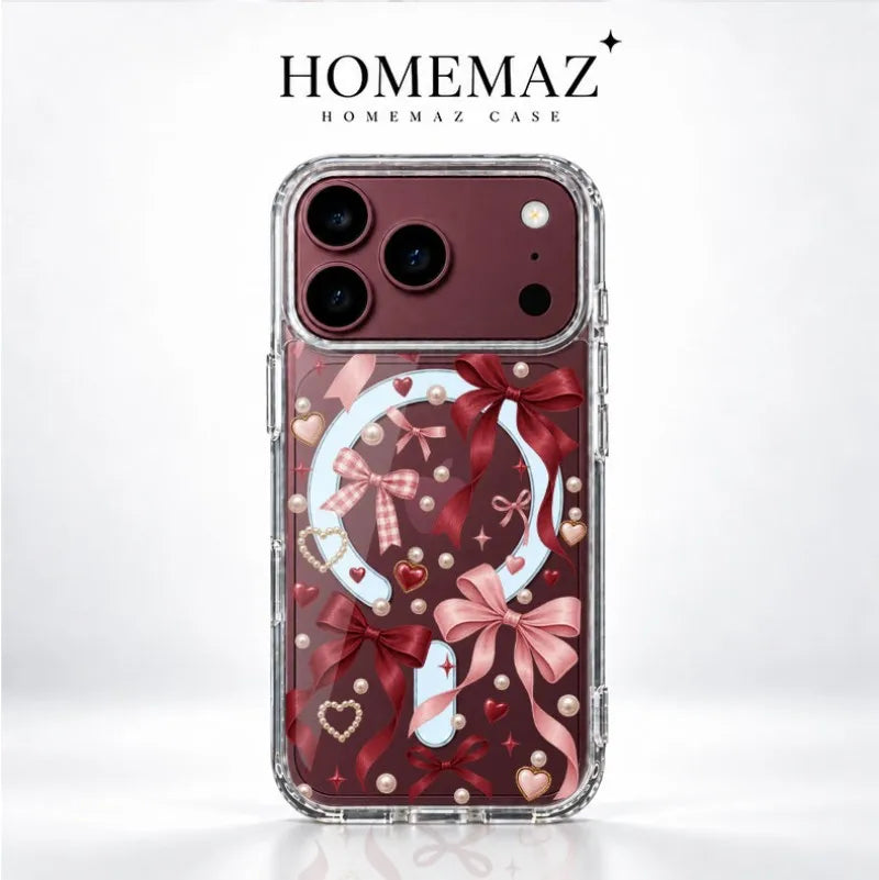 Romantic Bow Heart Clear Case for iPhone, Pearl Ribbon Graphic Shockproof Cover with Raised Camera Edge, Slim Transparent Protective Phone Case
