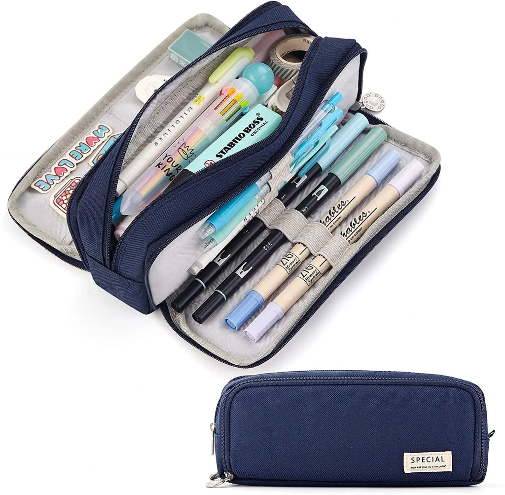 Kawaii Pencil Case Large Space Storage 3 Compartment Pouch Double Side Opened Student Stationery Desk Organizer School Supplies