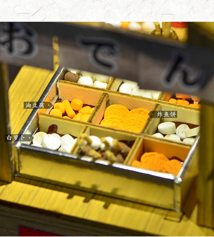 16 DIYJapanese Chinese style handmade wooden doll house Oden cooking car stall creative birthday gift collector decoration