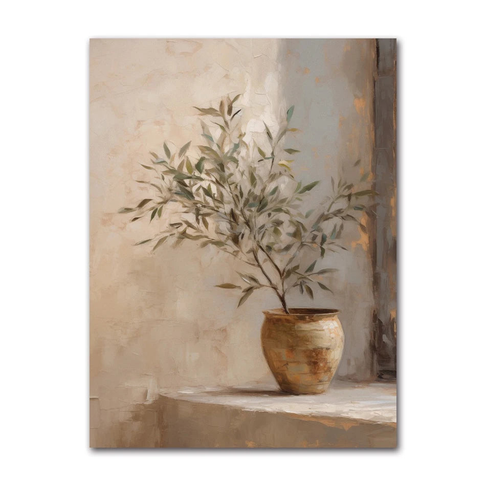 Vintage Minimalist Wall Art Italy Olive Tree in Vase Canvas Painting Poster Prints Still Life Botanical Antique Home Room Decor