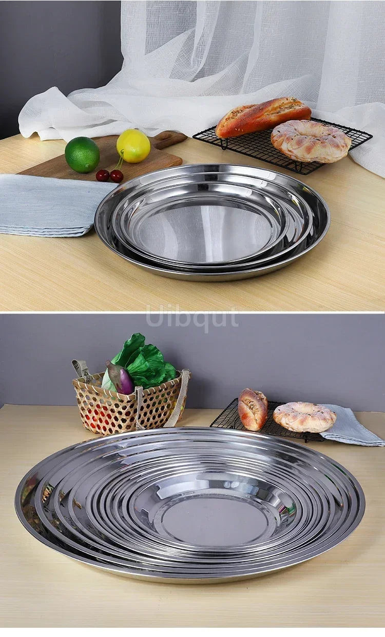 Thick Stainless Steel Plate round Large Disc Flat Bottom Shallow tray Extra Large Fish Head fruite meat Plate Restaurant Hotel