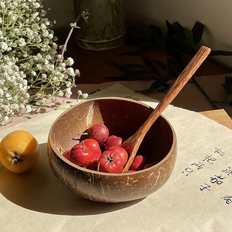 Kitchen Natural Coconut Bowl Set Wooden Salad Ramen Wood Spoon Coco Smoothie Tableware