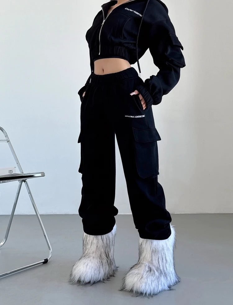 WOMENGAGA Short Zipper Sweatshirt Large Pocket Wide Leg Pants Two Piece Casual Plush Set For Winter Women Fashion Sweet 2PTB