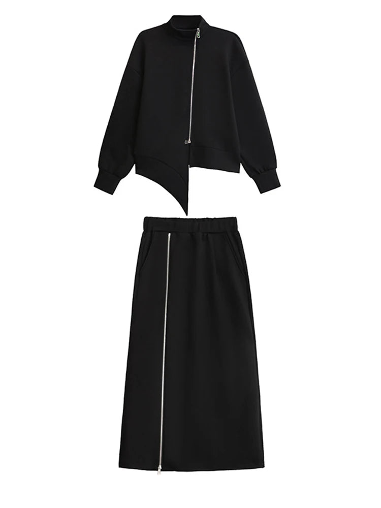 [EAM] Zipper Sweatshirt Half-body Skirt Two Pieces Suit New Turtleneck Long Sleeve Women Fashion Tide Spring Autumn 2026 1DH7237