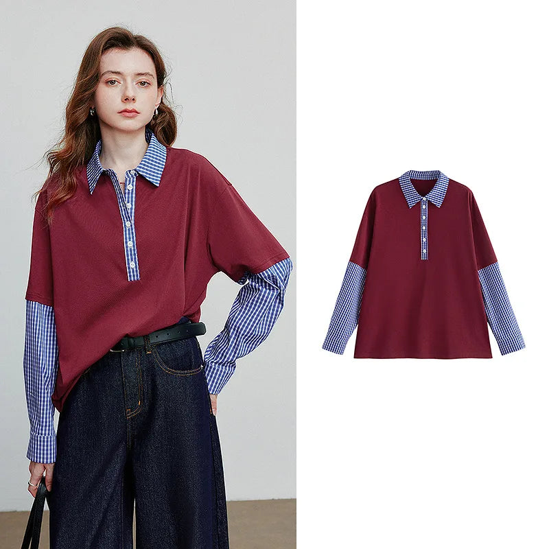 TOYOUTH Women Hoodies Sweatshirt 2025 Autumn New Spliced Fake Two Piece Polo Collar Striped Casual Pullover Tops