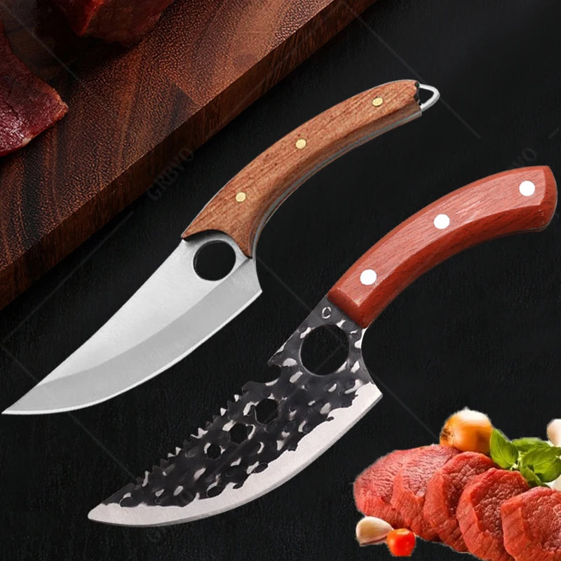 Meat Cleaver Boning Knife Wooden Handle Kitchen Knives Mongolian Meat Eating Knife Beef Lamb Knife Stainless Steel Butcher Knife