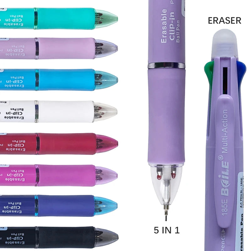 Multicolor 5 In 1 0.7mm Erasable Gel Pen Black