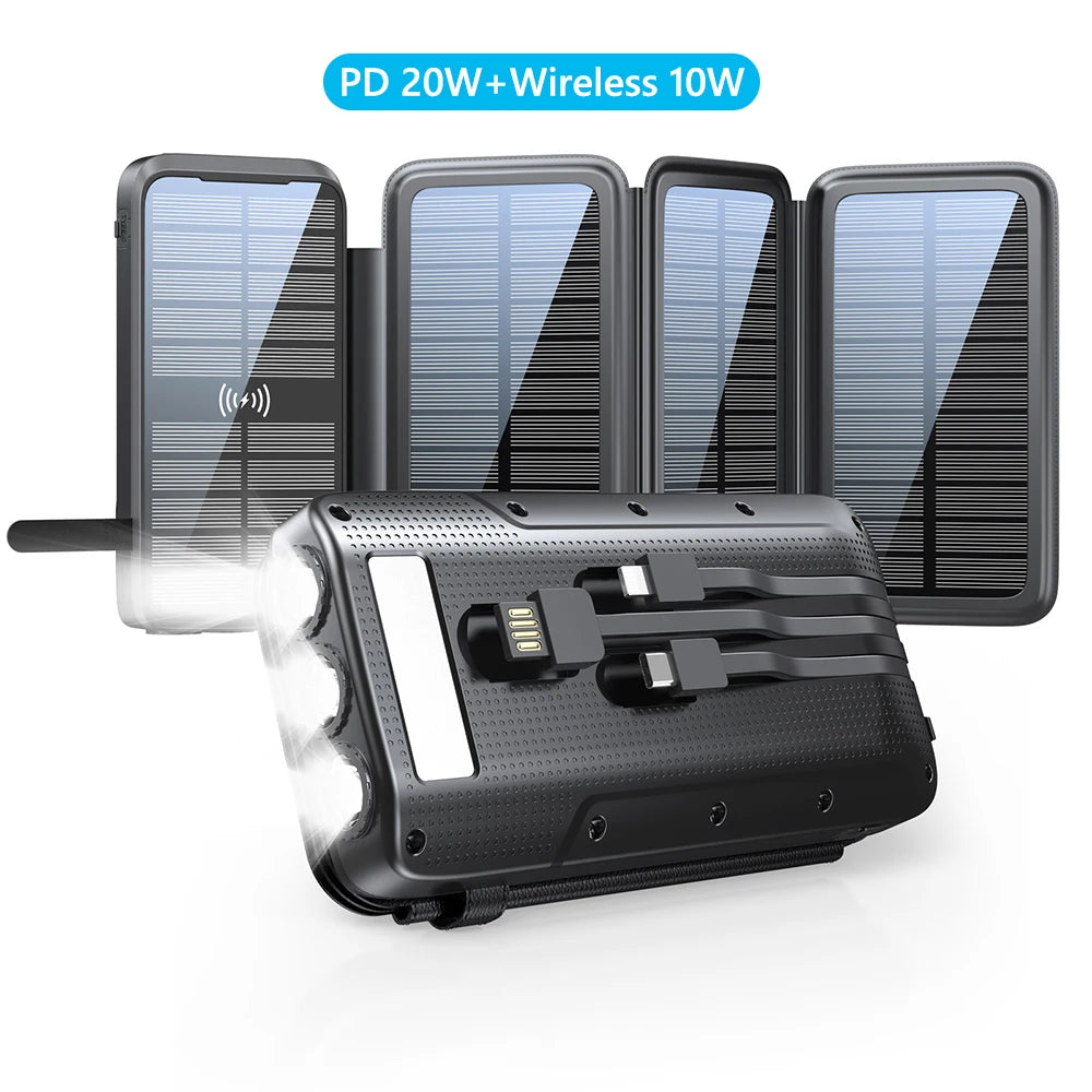 43800mAh Solar Power Bank Quick Wireless Charger External Battery Pack PD 20W Powerbank Built Cables LED Light for iPhone Xiaomi