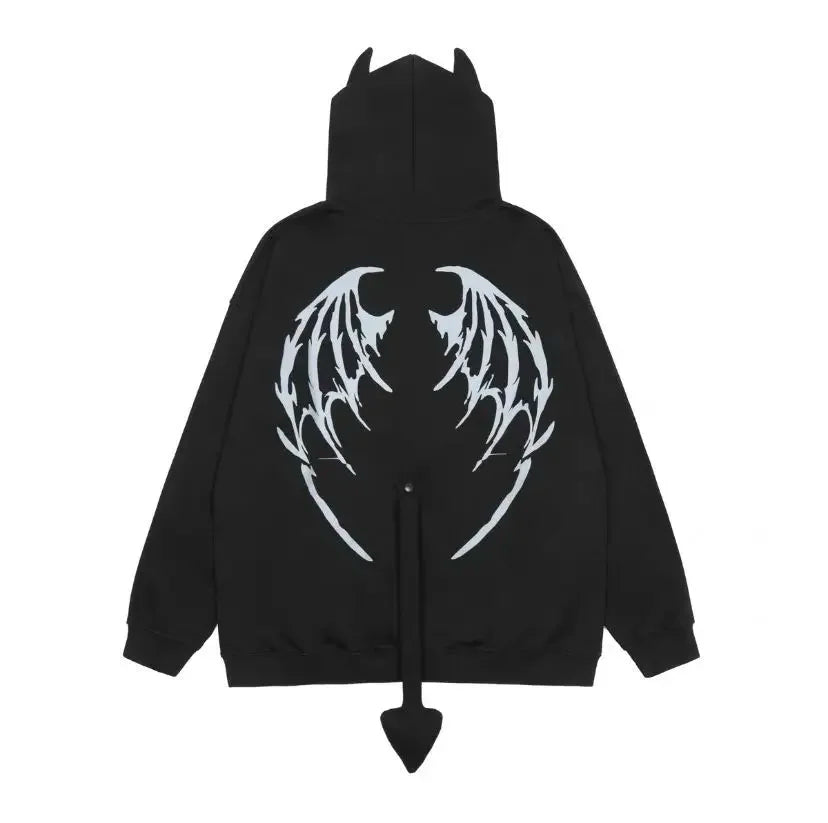 Japanese Zip Up Devil Horns Hoodies Women Harajuku Punk Gothic Sweatshirt Fairy Grunge Jacket Coat Streetwear Alt Emo Clothes