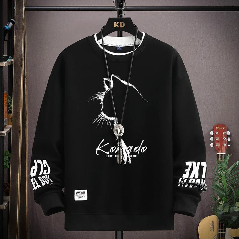 Autumn Men's Sweatshirt Sketch Cat Print Long Sleeve T-shirt Fashion Men's Clothing Black O Neck Harajuku Exclusive Design Top