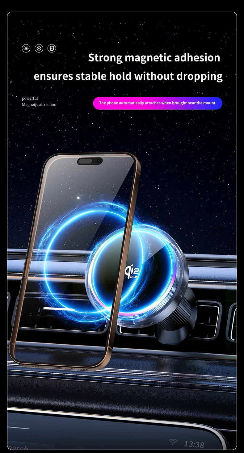 Air Cooling Car qi2 25W Magnetic Wireless Charger RGB Light  Phone Holder For Magsafe iPhone 17 16 15 14 13 12 Fast Charging