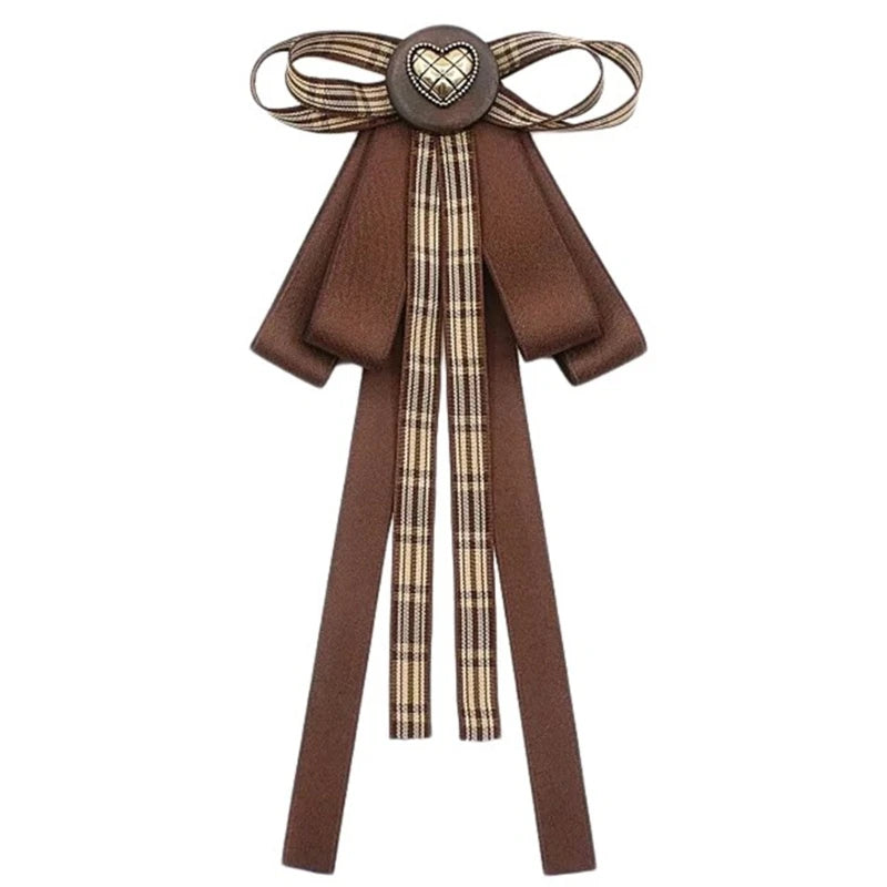 Ribbon Bowtie Brooch Pin Student Uniform Pre Tied Necktie Clip Vintage Brown Plaids Bowknot Corsage Shirt Jabot Collar