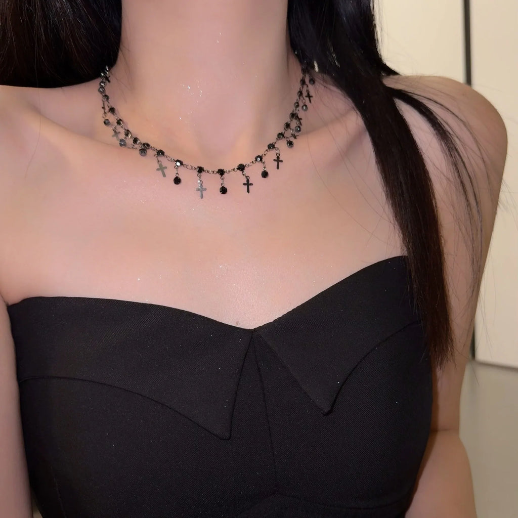 Goth Y2K Black Crystal Metal Cross Pendant Tassel Choker Necklaces