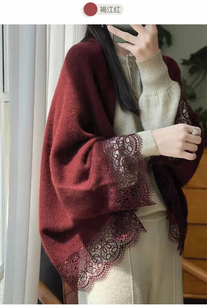 Popular Lace Edge 100% Wool Knitted Shawl Spring Autumn Thin Women's Soft, Skin friendly, Breathable, and Fashionable Cardigan
