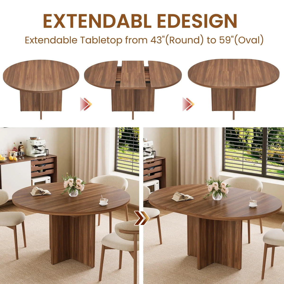 Extendable Round Dining Table, Seats 4-8