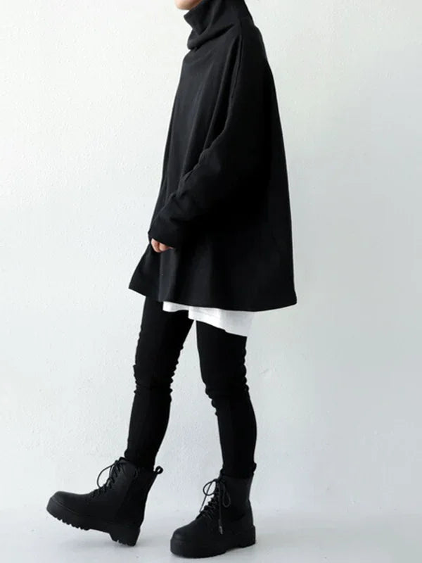Missuoo Women's Black Turtleneck Oversized Blouse 2026 Summer Casual Loose Long Sleeve Asymmetric Hem T-shirt Top
