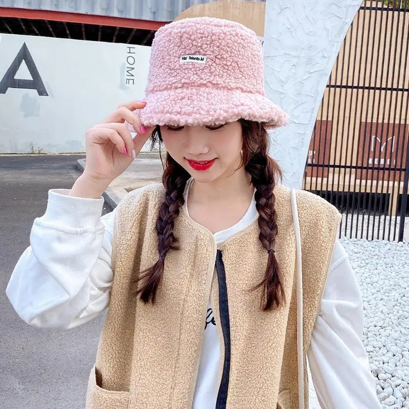 Korean Fisherman Hat Pure Color Warm Embroidered Letter Beanie Plush Light Weight Cap Unisex Casual Bucket Hat