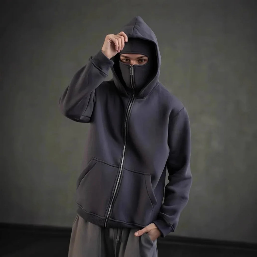 Balaclava Men Zip Hoodie Winter Warm Casual Sweatshirt Y2K with