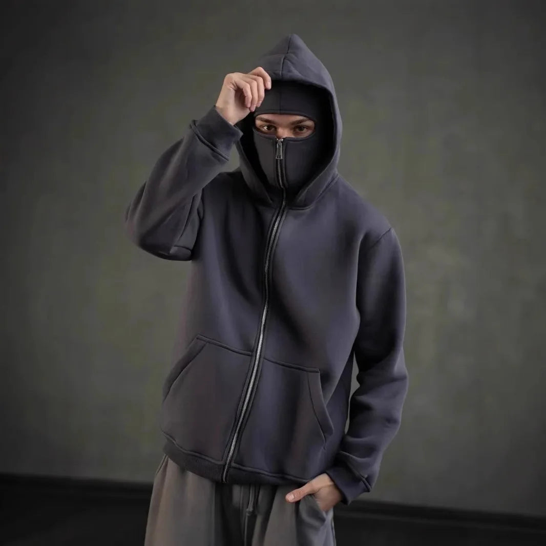 Balaclava Men Zip Hoodie Winter Warm Casual Sweatshirt Y2K with