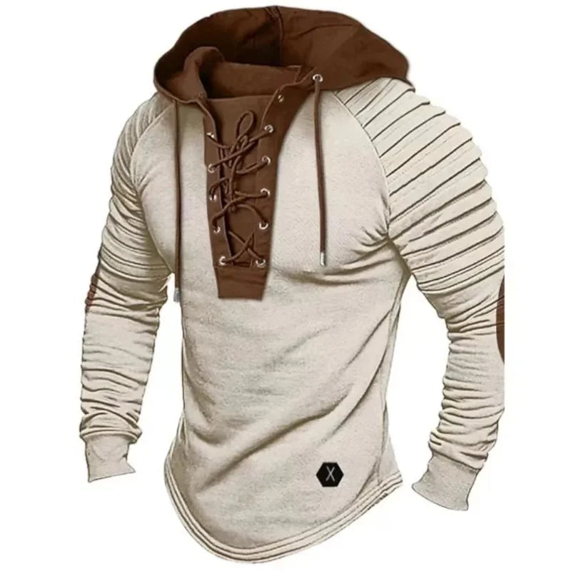 2024 New Autumn Winter Men's Solid Color Casual T-shirt Top Long Sleeved Shirt Slim Fit Pleated Hood Street Vacation Sweatshirt