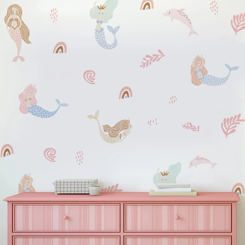 Boho Cartoon Mermaid Seaweed Wall Stickers for Kids Room Bedroom Living Room Home Decoration Wall Decals