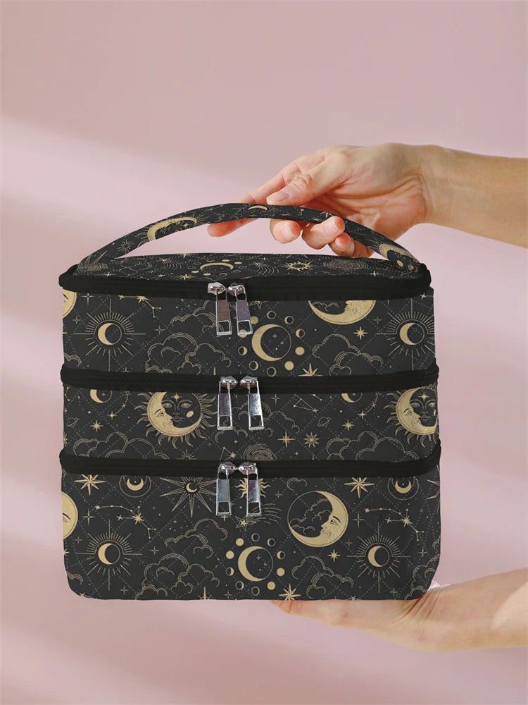 1Pc, Moon and Star Pattern 3-Layer Cosmetic Bag, Multi-Functional Makeup Management Bag, Bathtub Shower, Wallet, Portable Cosmetics, Lipstick, Brush, Skin Care Organizer 1Pc, Starry Sky Pattern 3-Layer Cosmetic Bag, Multi-Fun