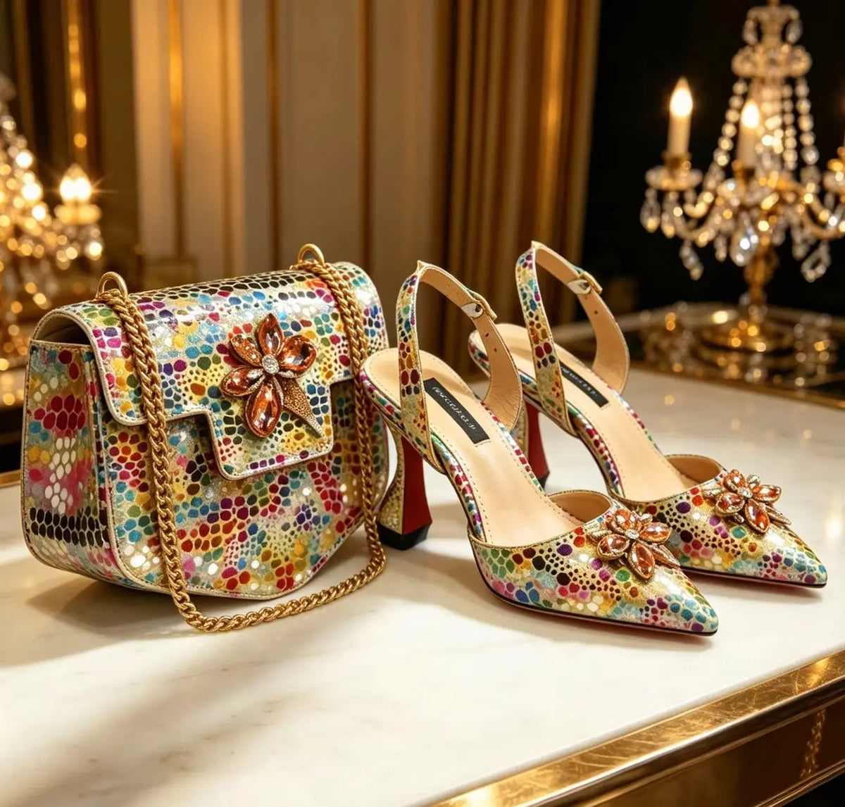 Venus Chan Elegant Rhinestone Heels &amp; Matching Bag Set