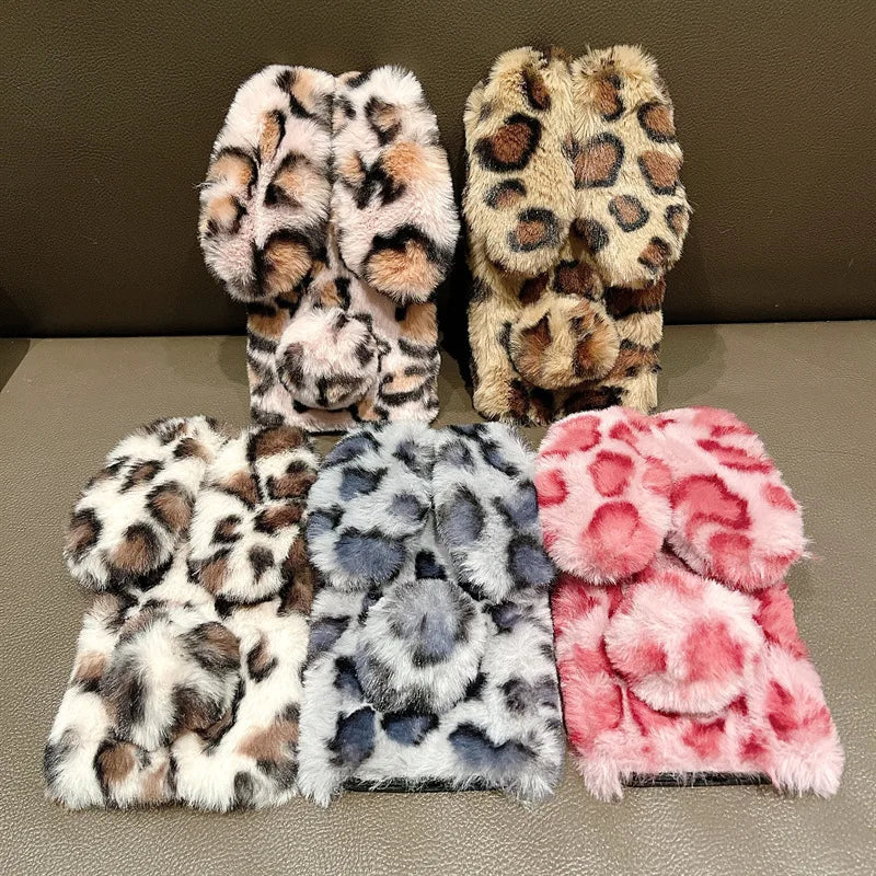 Cute Cartoon Leopard Print Bunny Fur Plush Phone Case