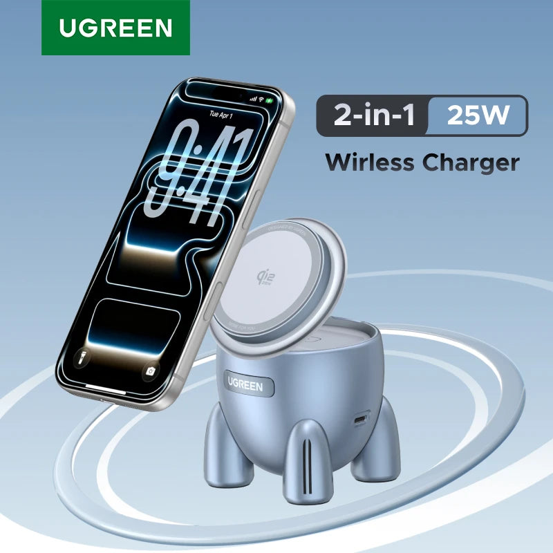 UGREEN Magflow Qi2.2 25W Magnetic Wireless Charger 2 in 1 Innovative Rocket -Style For iPhone 17 16 Pro Max Fast Charging