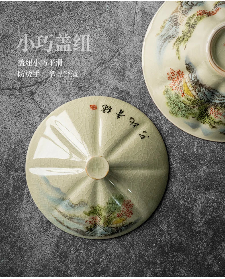 Jingdezhen-Ceramic Tea Cup with Bamboo Hat, Traditional Handmade Tea Ware, Single Bowl, Kung Fu Tea with Lid, Sancai Gaiwan