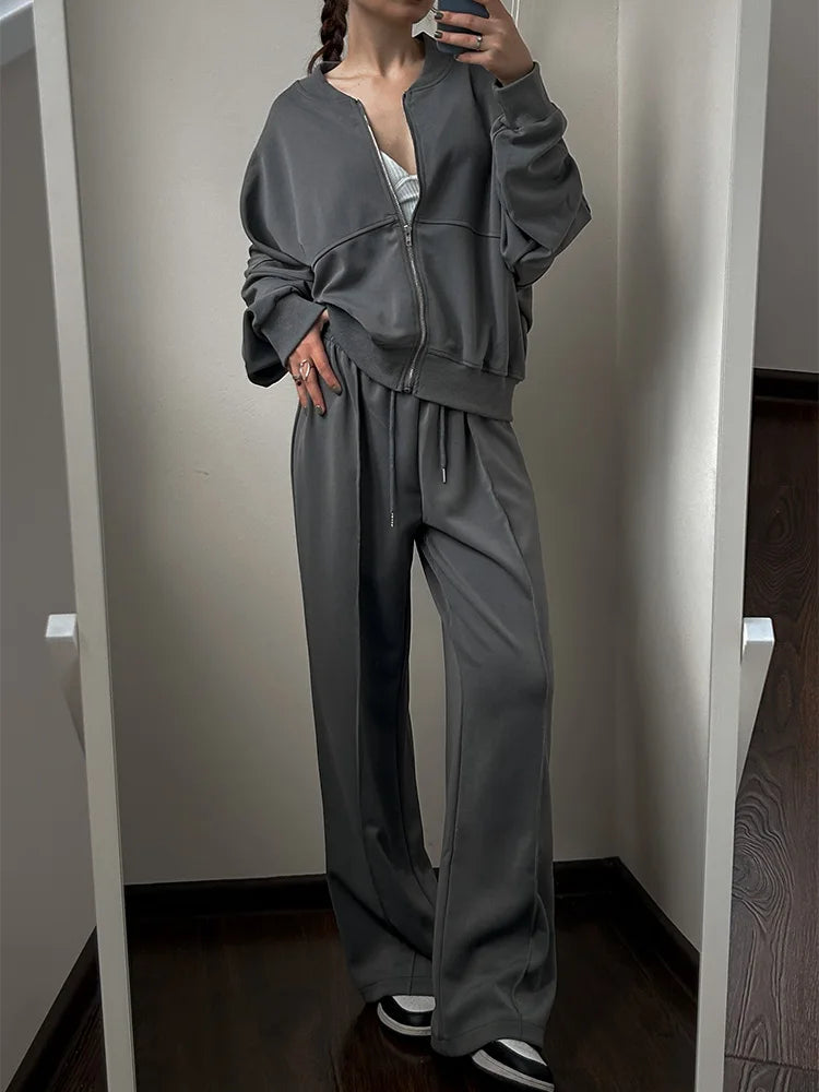 Gray Straight Pants Two Pieces Sets Women Outfit Long Sweatpants Street Wear Zipper Jacket Track Suits Sweatshirt Sets For Women