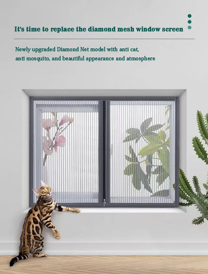Anti cat scratch diamond mesh screen window, cat keeping seal window, no punching, self-adhesive mosquito proof pet mesh