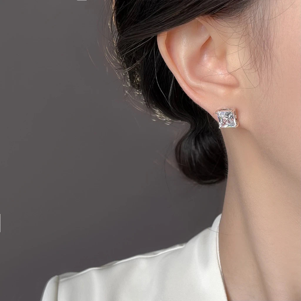 Copper Base Princess Cut Cubic Zirconia Stud Earrings, Silver Plated Square Solitaire CZ Earrings for Women Fashion Jewelry