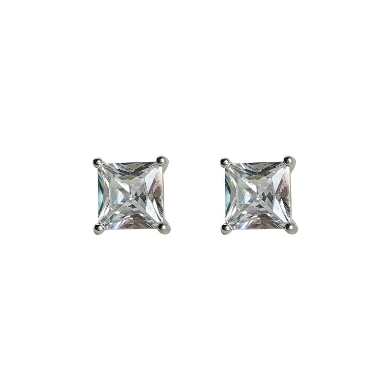 Copper Base Princess Cut Cubic Zirconia Stud Earrings, Silver Plated Square Solitaire CZ Earrings for Women Fashion Jewelry