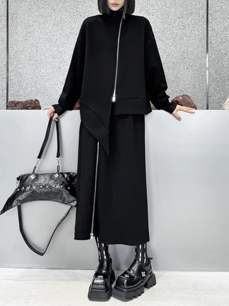 [EAM] Zipper Sweatshirt Half-body Skirt Two Pieces Suit New Turtleneck Long Sleeve Women Fashion Tide Spring Autumn 2026 1DH7237