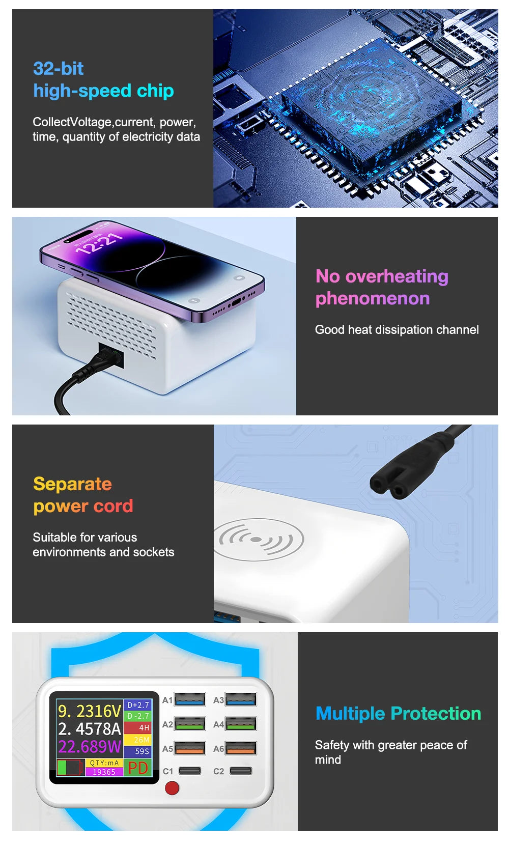 Unew Multifunction USB C Fast Charger 8 Port Desktop Charger Type C PD3.0 PPS QC3.0 15W Fast Wireless Charger for MacBook Phone
