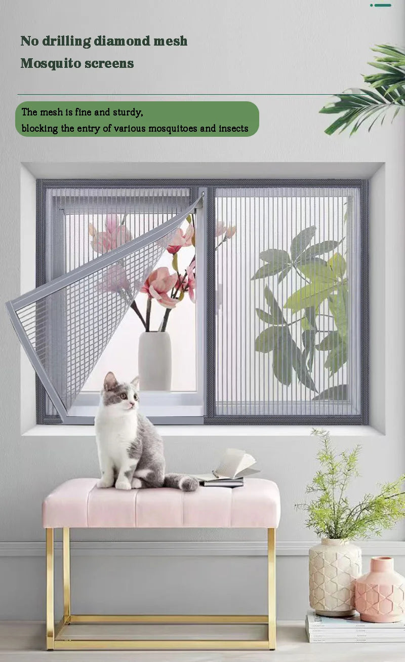Anti cat scratch diamond mesh screen window, cat keeping seal window, no punching, self-adhesive mosquito proof pet mesh