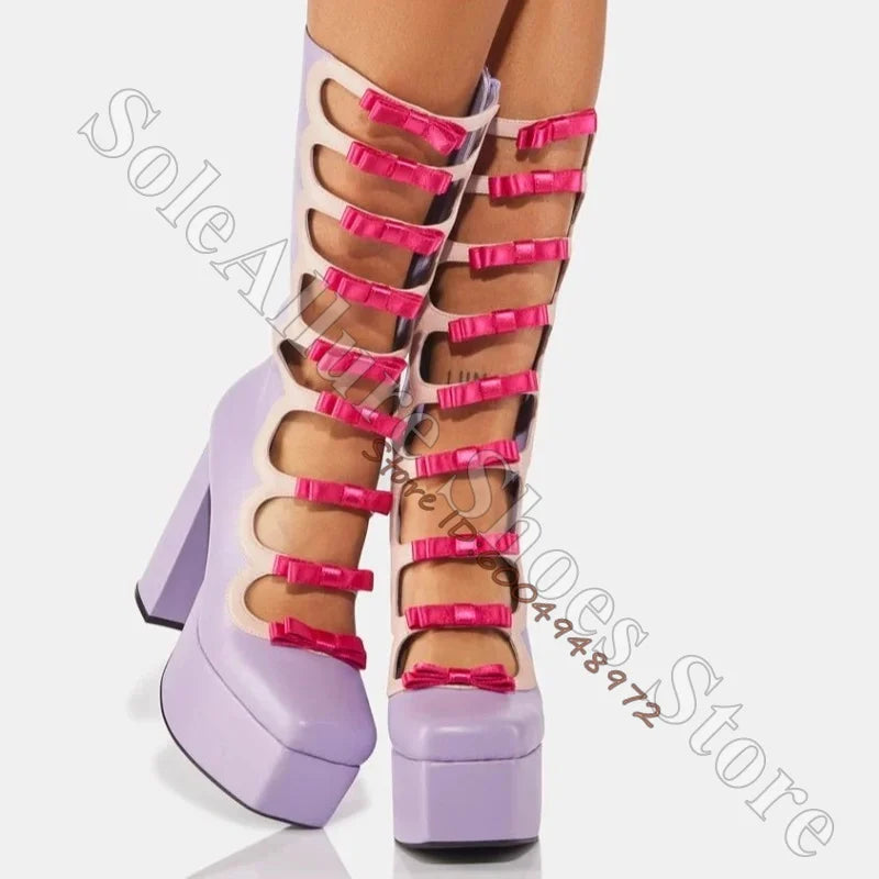 Hot Pink Bow Wavy Cutout Platform Knee High Boots Lilac Pastel