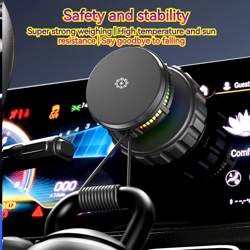 15W Car Magnetic Wireless Charger Phone Stand, Suction Cup with Semiconductor Cooling & Colorful Ambient Lights, 360° Rotatable