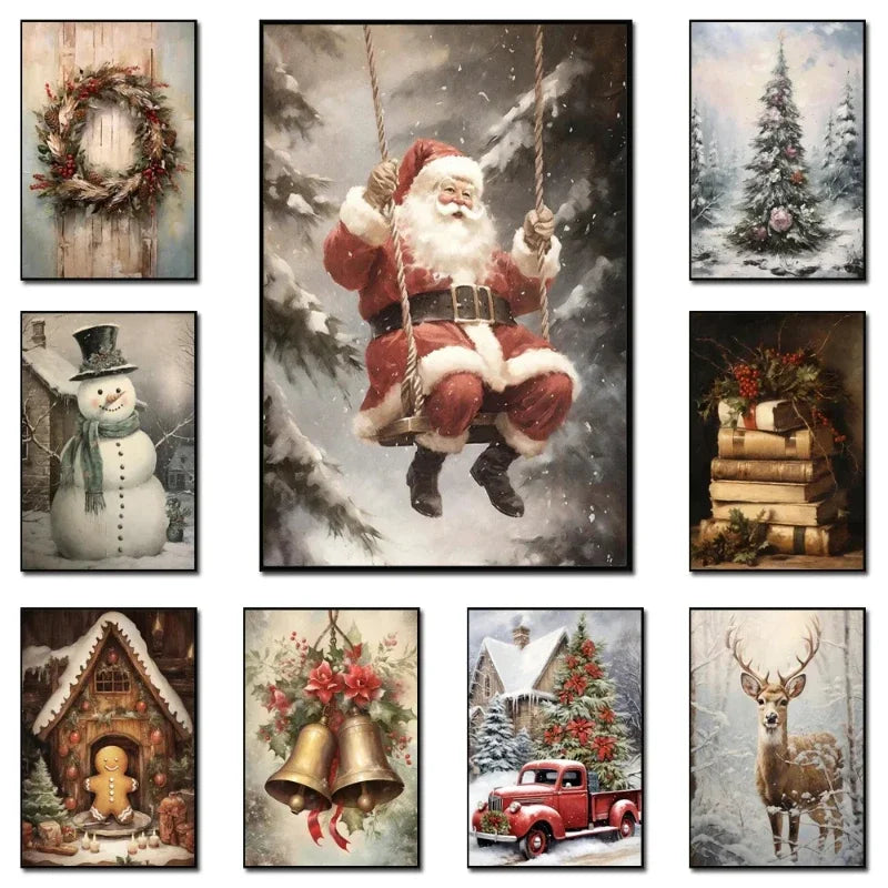 Vintage Holiday Christmas Santa Claus Winter Gingerbread Сottage Wall Art Posters Prints Canvas Painting for Room Home Decor