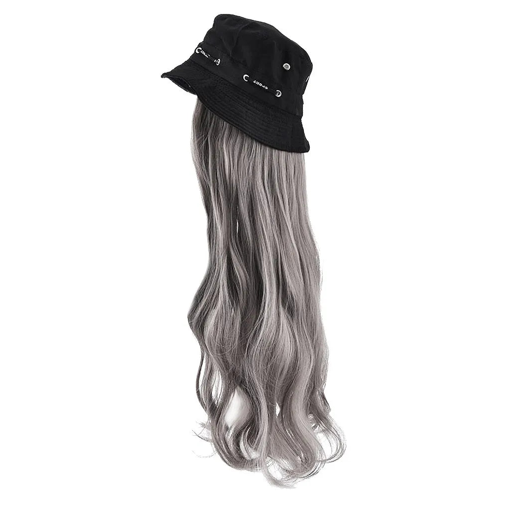 Bucket Hat Synthetic with Hair Cap Fashion Long Curly Hair Big