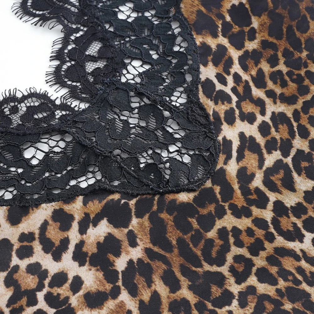 Women Leopard Print Halter Cami Top Lace Trim v Neck Sleeveless