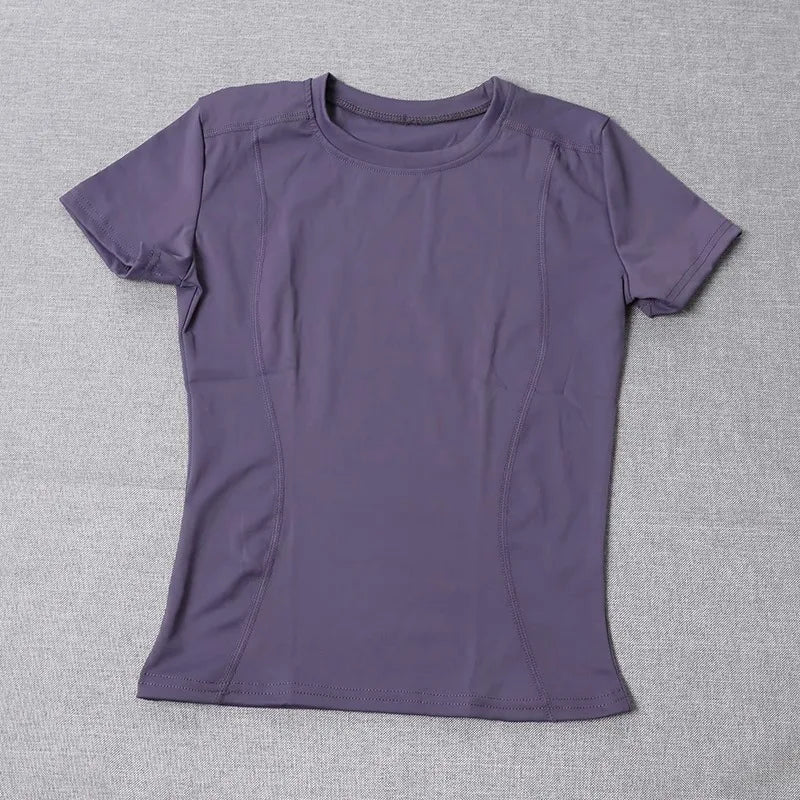 Women's Quick-Dry Compression Gym Tee - Slim-Fit Breathable Workout Shirt for Running & Training Stretchy Solid Color Sportswea